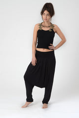 Black Woman's Lycra Harem Pants, Boho Drop-Crotch Pants, Man's Hippie Harem Trousers, Festival Pants wear, Unisex Black Lycra Harem Trousers