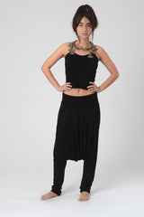 Black Woman's Lycra Harem Pants, Boho Drop-Crotch Pants, Man's Hippie Harem Trousers, Festival Pants wear, Unisex Black Lycra Harem Trousers