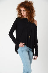Black Tops, Long sleeve Top, Boat Neck Top, Oversize Wide Neck Shirt, Women's Loose Black Blouse, Black Women's Tops, Off Shoulder Blouse