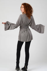 Boho Japanese Kimono, Light Gray Kimono, Long Sleeve Cardigan, Asymmetrical Top, Women's Kimono Top, Bell Sleeves Kimono Wrap Top