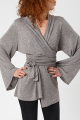Boho Japanese Kimono, Light Gray Kimono, Long Sleeve Cardigan, Asymmetrical Top, Women's Kimono Top, Bell Sleeves Kimono Wrap Top