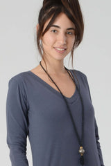 V Neck Maxi Dress, Blue Jersey Dress, Spring Loose Women's Long Sleeve Dress, Blue Gray Casual Boho Dress with Pockets