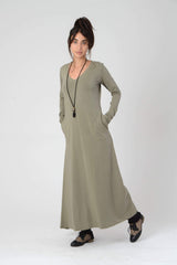 V Neck Dress, Green Maxi Dress, Kurta Dress, Women's Oversize Maxi Dress, Loose Khaki Dress, Long sleeve Dress, Summer Dress, Spring Fashion