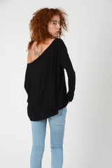 Black Tops, Long sleeve Top, Boat Neck Top, Oversize Wide Neck Shirt, Women's Loose Black Blouse, Black Women's Tops, Off Shoulder Blouse