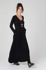 Black Maxi Dress with Pockets, Loose Tribal Festival Dress, Women's Long sleeve Dress, Long Maxi Dress, Spring Fashion Dress, Summer Dress