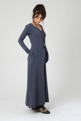 V Neck Maxi Dress, Blue Jersey Dress, Spring Loose Women's Long Sleeve Dress, Blue Gray Casual Boho Dress with Pockets