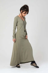 V Neck Dress, Green Maxi Dress, Kurta Dress, Women's Oversize Maxi Dress, Loose Khaki Dress, Long sleeve Dress, Summer Dress, Spring Fashion