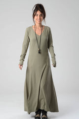 V Neck Dress, Green Maxi Dress, Kurta Dress, Women's Oversize Maxi Dress, Loose Khaki Dress, Long sleeve Dress, Summer Dress, Spring Fashion