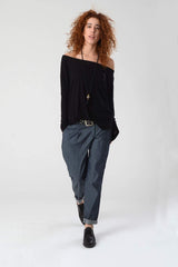 Black Tops, Long sleeve Top, Boat Neck Top, Oversize Wide Neck Shirt, Women's Loose Black Blouse, Black Women's Tops, Off Shoulder Blouse