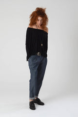 Black Tops, Long sleeve Top, Boat Neck Top, Oversize Wide Neck Shirt, Women's Loose Black Blouse, Black Women's Tops, Off Shoulder Blouse