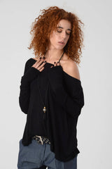 Black Tops, Long sleeve Top, Boat Neck Top, Oversize Wide Neck Shirt, Women's Loose Black Blouse, Black Women's Tops, Off Shoulder Blouse