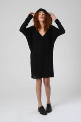Hooded Dress, Slouchy Dress, Trendy Dress, Oversize Long Sleeve Dress, Bat Sleeve Top, Black Mini Dress, Casual Black Dress, V Neck Dress,