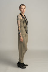 Almond Green Boho Harem Jumpsuit, Pleated Strapless Jumpsuit, Women's Casual Tribal Drop Crotch Romper, Sexy Lycra Summer Jumper