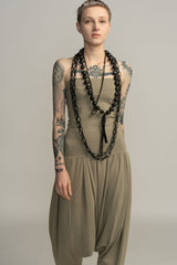 Almond Green Boho Harem Jumpsuit, Pleated Strapless Jumpsuit, Women's Casual Tribal Drop Crotch Romper, Sexy Lycra Summer Jumper