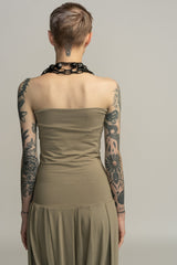 Almond Green Boho Harem Jumpsuit, Pleated Strapless Jumpsuit, Women's Casual Tribal Drop Crotch Romper, Sexy Lycra Summer Jumper