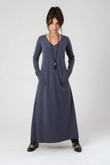 V Neck Maxi Dress, Blue Jersey Dress, Spring Loose Women's Long Sleeve Dress, Blue Gray Casual Boho Dress with Pockets