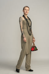 Almond Green Boho Harem Jumpsuit, Pleated Strapless Jumpsuit, Women's Casual Tribal Drop Crotch Romper, Sexy Lycra Summer Jumper