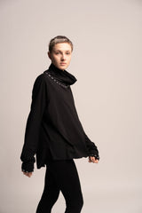 Black Top, Oversize Black Top, Turtle neck sweater, Loose black top, Long Sleeve draped Tunic, Maternity Top, Black Turtle neck tunic
