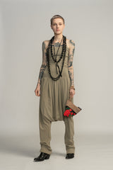 Almond Green Boho Harem Jumpsuit, Pleated Strapless Jumpsuit, Women's Casual Tribal Drop Crotch Romper, Sexy Lycra Summer Jumper