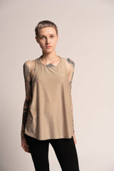 Gold top, Sexy Cream sparkly top, Evening Nude open back Tank Top, Shiny Top, Loose Sleeveless Top, Trapeze Tank Top