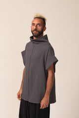 Dark Grey Loose Batwing Top, Mock Turtleneck Top, Mens Summer Shirts, Loose Fit Top, Modern Oversized Top, Summer Cotton Shirts