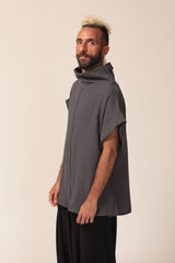 Dark Grey Loose Batwing Top, Mock Turtleneck Top, Mens Summer Shirts, Loose Fit Top, Modern Oversized Top, Summer Cotton Shirts