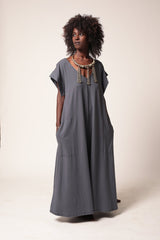 Blue Oversized Maxi Kaftan Dress with Pockets