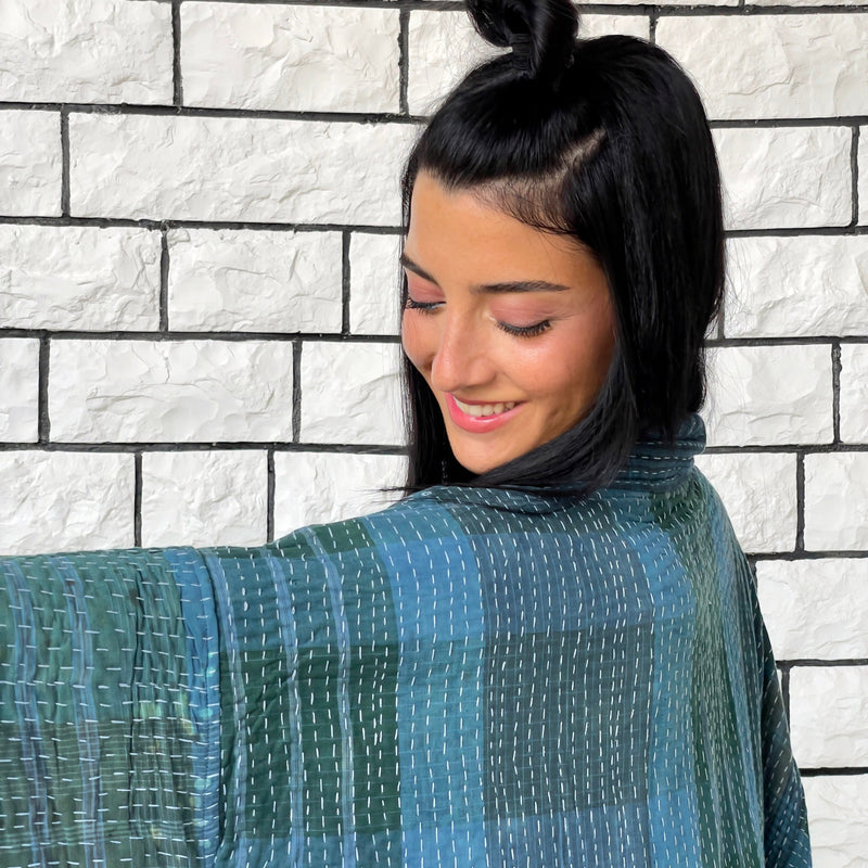 Blue Haori Coat, Kimono Jacket, Oversized Kimono, Green Unisex Winter Kimono Jacket, One of a kind Kimono, Reversible Kimono, Burning Man