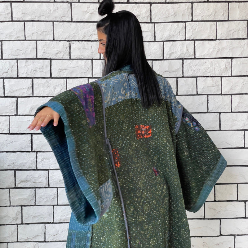 Blue Haori Coat, Kimono Jacket, Oversized Kimono, Green Unisex Winter Kimono Jacket, One of a kind Kimono, Reversible Kimono, Burning Man