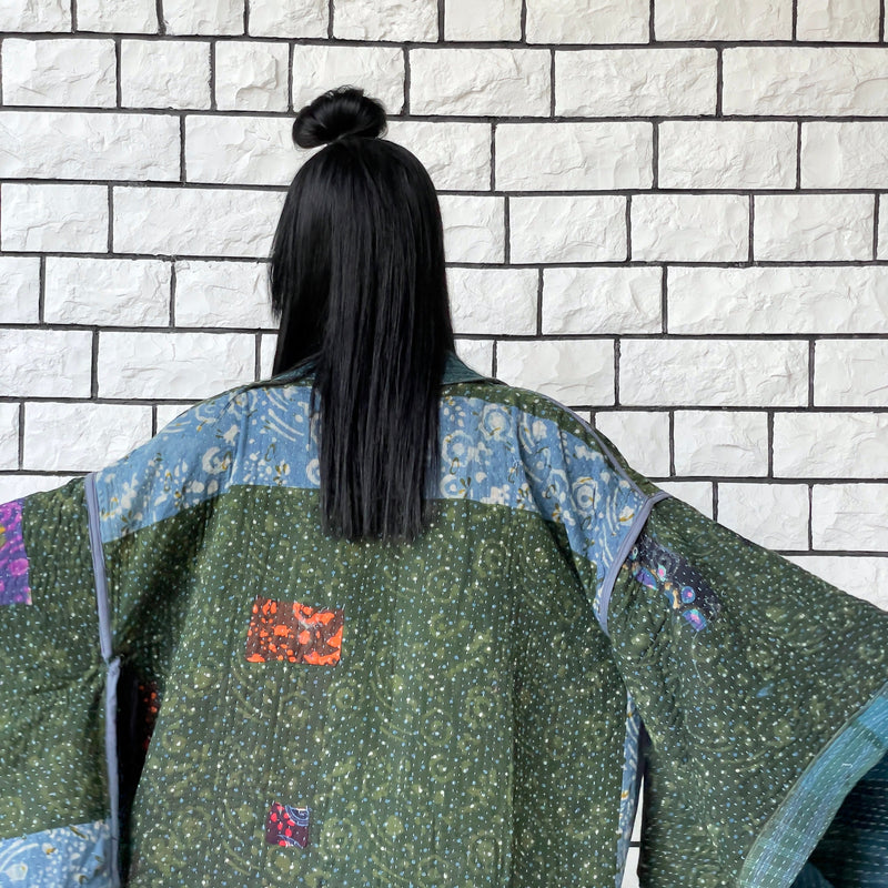 Blue Haori Coat, Kimono Jacket, Oversized Kimono, Green Unisex Winter Kimono Jacket, One of a kind Kimono, Reversible Kimono, Burning Man