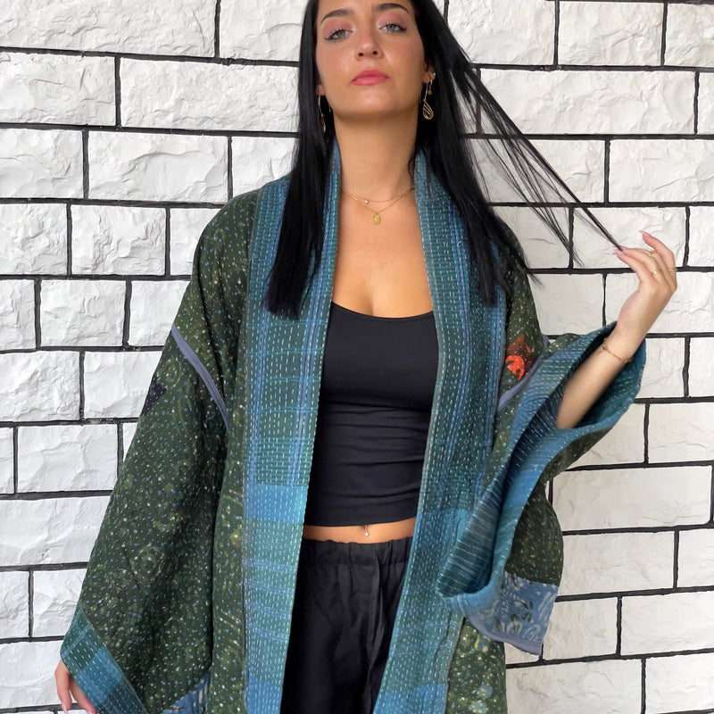 Blue Haori Coat, Kimono Jacket, Oversized Kimono, Green Unisex Winter Kimono Jacket, One of a kind Kimono, Reversible Kimono, Burning Man