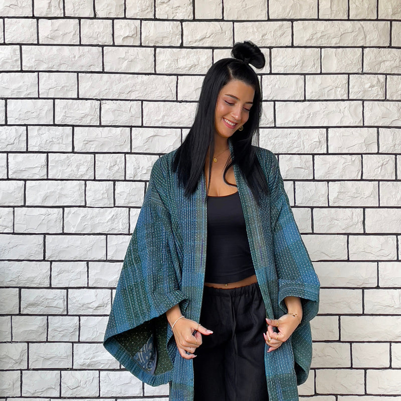 Blue Haori Coat, Kimono Jacket, Oversized Kimono, Green Unisex Winter Kimono Jacket, One of a kind Kimono, Reversible Kimono, Burning Man