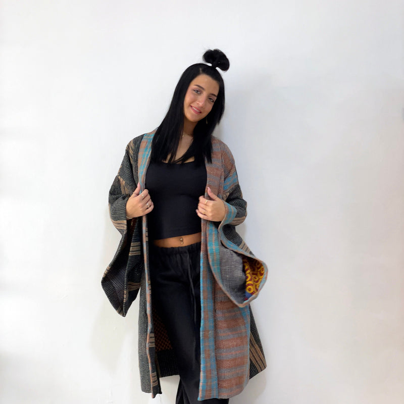 Oversized Haori coat, Kimono Jacket, Orange Unisex Winter Coat, Grey Long Kimono, Reversible Kimono, Burning Man women, Up Cycled clothing