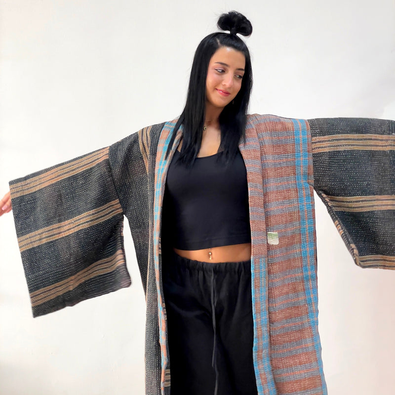 Oversized Haori coat, Kimono Jacket, Orange Unisex Winter Coat, Grey Long Kimono, Reversible Kimono, Burning Man women, Up Cycled clothing