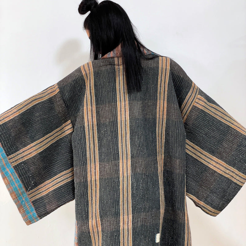 Oversized Haori coat, Kimono Jacket, Orange Unisex Winter Coat, Grey Long Kimono, Reversible Kimono, Burning Man women, Up Cycled clothing